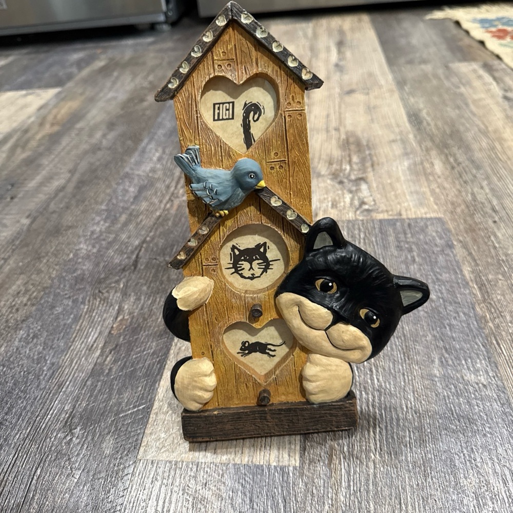 Whimsical Cat & Bird Decorative Figurine - Black, Blue, Tan